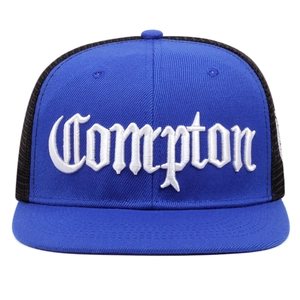 Blue and black Compton 3D embroidered mesh trucker hat with flat brim and snapback style