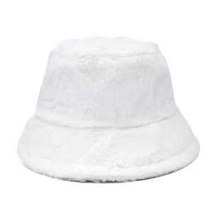 Close-up of white fluffy rabbit fur bucket hat showing soft plush texture and material