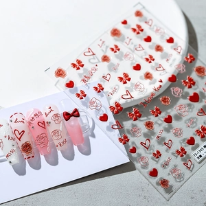 Nail Art Stickers 3D Embossed Red Rose Heart Butterfly Bow Adhesive Decals Romantic Letter DIY Manicure Decoration Women