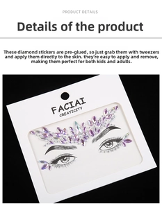 Detailed macro view of self-adhesive iridescent purple rhinestone face jewels for makeup