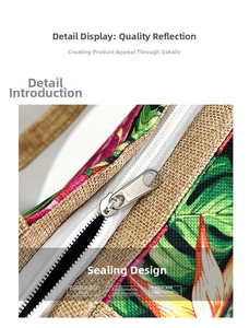 Close-up of metal zipper closure on tropical floral print burlap tote bag