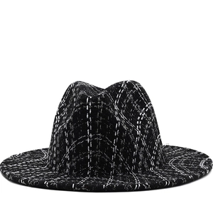 Houndstooth Plaid Fedora Hat British Style Tweed Texture Flat Brim Jazz Cap For Men And Women Retro Accessory