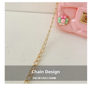 Close-up of pink jelly bag showing quilted texture, floral accents and gold chain strap
