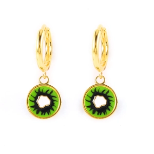 Detail of gold fruit-inspired hoop earrings with green and white enamel charms