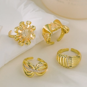 Minimalist Adjustable Open Ring 18K Gold Plated Copper Zircon Geometric Flower Butterfly Jewelry For Women