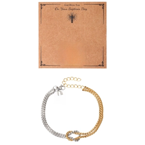 Gold and silver double-layered cross bracelet with religious baptism blessing card