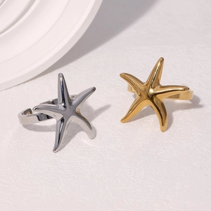 Starfish Open Ring Stainless Steel 18K Gold Plated Adjustable Vacation Style Minimalist Fashion Jewelry For Women