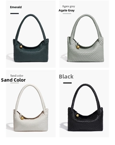 Detail of woven leather tote bag colors including emerald, agate gray, sand, and black