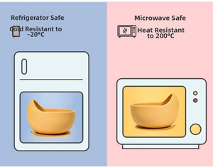 Silicone suction bowl showing heat resistance up to 200°C and cold resistance down to -20°C