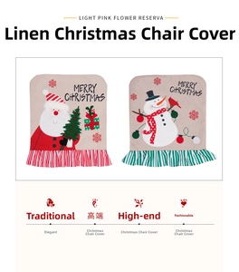 Linen Christmas chair covers featuring Santa and Snowman designs with striped ruffles
