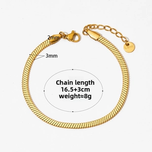 Detail showing 16.5+3cm length and 2mm-3mm width of gold stainless steel snake chain