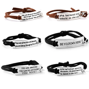 Inspirational Quote Bracelet Alloy Metal Plate Adjustable Braided Rope Cord Motivational Jewelry For Women Men