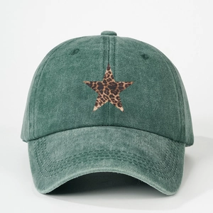 Vintage army green washed baseball cap with leopard print star patch on the front