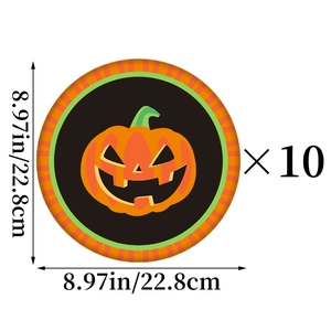 Detail of 9-inch Halloween pumpkin paper plate showing 22.8cm size and 10 pieces count