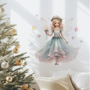 Detail view of fairy and stars wall stickers in a cozy Christmas living room setting