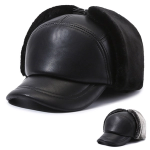 Men Winter Trapper Hat PU Leather Faux Fur Lined Warm Ear Flap Cap With Brim Windproof Ushanka For Outdoor