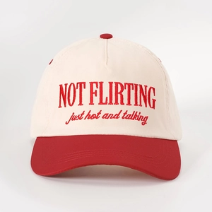 Retro baseball cap featuring NOT FLIRTING embroidery in a stylish red and beige color block
