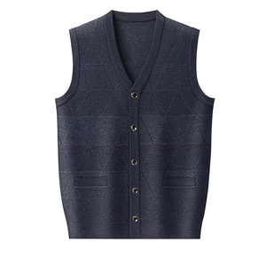 Dark grey knitted V-neck vest for men with classic button-up front and diamond texture