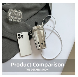 Detail view of the silver milk tea cup bag showing reflective PU texture and straw top