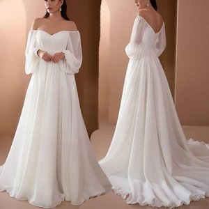 Off Shoulder Puff Long Sleeve Wedding Dress Sweetheart Neckline Chiffon Tulle Bridal Gown With Long Train White
