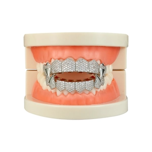 Σετ hip hop ασημένια grillz με λαμπερά ζιργκόν σε μοντέλο στόματος για πάρτι