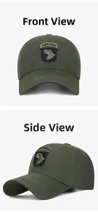 Detail of army green tactical baseball cap with Airborne eagle embroidery and twill fabric