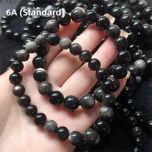 6A grade obsidian bead bracelet showing reflective silver sheen on natural round stones