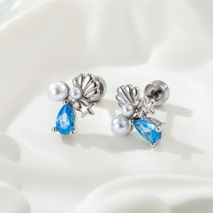 Ocean Theme Cartilage Earring Stud Blue Zircon Starfish Shell Artificial Pearl Stainless Steel Copper Jewelry