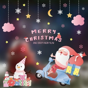 Christmas window sticker featuring Santa Claus on a blue scooter with snowman and gift boxes
