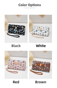 Women's butterfly print long wallets in black, white, pink and brown with wristlet straps