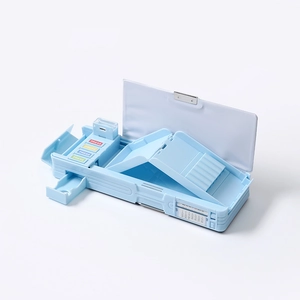 Light blue multifunctional double-layer pencil case for kids with mechanical buttons