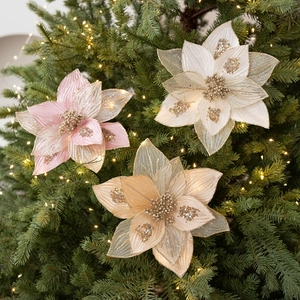 25cm glitter Christmas flowers in pink, champagne, and white for tree decoration