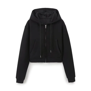 Felpa con cappuccio cropped nera da donna con cerniera lampo e doppie tasche laterali
