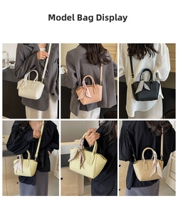 Litchi pattern bucket bag in six colors with decorative silk scarves and shoulder straps