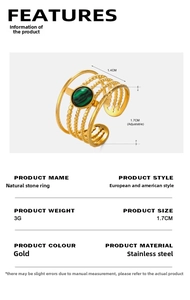 Detail view of gold stainless steel ring featuring malachite stone inlay and dimensions