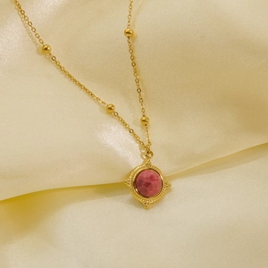 French vintage 14K gold plated titanium necklace with round pink natural stone and bead chain