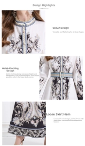 Détails de la robe longue à imprimé paisley avec col montant, ceinture et motifs baroques