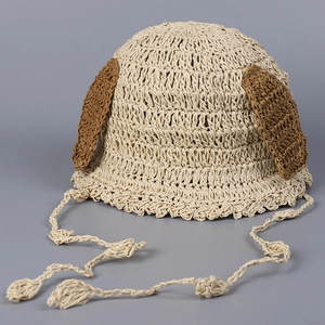 Cute Dog Ears Paper Straw Bucket Hat Hand Woven Tassel Sun Shade Breathable Fisherman Cap For Women And Girls