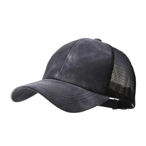 Charcoal grey trucker hat with breathable black mesh and curved brim in 45-degree view