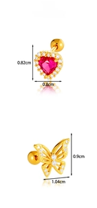Detailed size view of heart and butterfly titanium steel cartilage studs with dimensions
