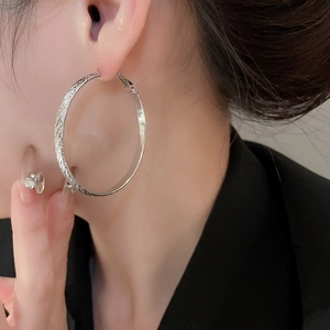 Macro shot of large silver hoop earrings with frosted texture worn by a model