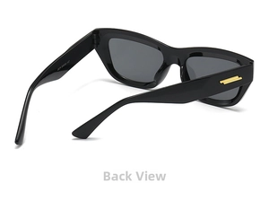 Macro detail of black frame sunglasses showing gold metal hinge bars and inner specs