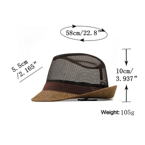 Close-up of dark brown mesh fedora showing 58cm size and breathable hollow texture