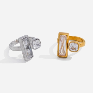 Geometric Adjustable Open Ring 18K Gold Plated Stainless Steel With Square Rectangle Cubic Zirconia Minimalist Jewelry