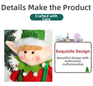 Close-up of a Christmas elf doll showing striped hat and plush knit fabric details