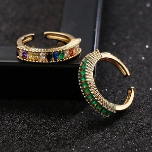 Luxurious 18K gold plated open ring with colorful baguette cut zircon stones