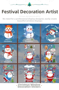 Close-up of Santa Claus and snowman static stickers for festive window decoration