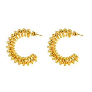 Detailed close-up of C-shaped spiral coiled earrings in polished 18K gold plated steel