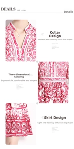 Detailed views of the V-neck porcelain print dress showing collar, waist and flared hem