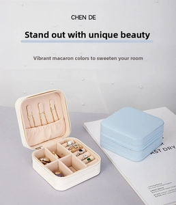Detail view of portable PU leather jewelry box with zipper and interior storage sections